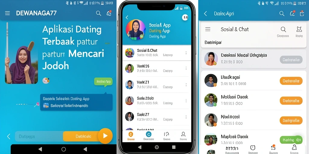 Tampilan antarmuka DEWANAGA77 yang modern dan ramah pengguna untuk aplikasi Dating App.