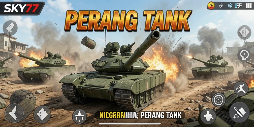 Antarmuka <strong>SKY77</strong> yang menampilkan pertempuran tank yang seru dan dinamis.